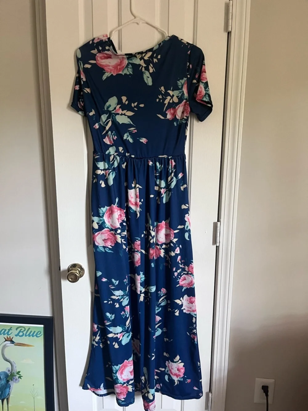 Women’s Navy Blue Floral Maxi Dress - Pink Rose Print - Picture 2 of 5